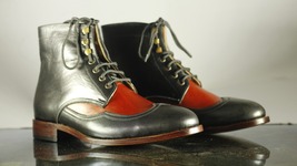 Handmade Men Black Red Leather Wing Tip Lace Up Ankle Boots, Men Designer Boots - £125.38 GBP