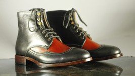 Handmade Men Black Red Leather Wing Tip Lace Up Ankle Boots, Men Designer Boots - £119.49 GBP