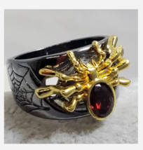 Gun Metal Gold Spider Red Gemstone Ring Size 6 7 8 9 - £31.96 GBP