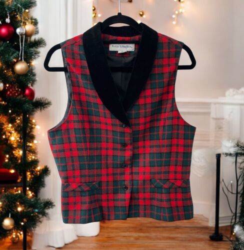 Vintage Norton Mcnaughton Vest Womens 10 Red Tartan Black Velvet Trim Ho... - $27.72