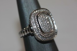 Fine 14K White Gold Twisted Filigree Design Pave Diamond Rectangle Ring SZ 7 - £1,349.37 GBP