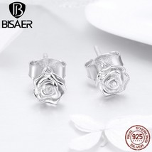 BISAER 925 Silver Romantic Rose Flower Small Stud Earrings For Women Fashion Flo - £17.39 GBP