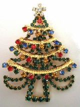 CHRISTMAS TREE BROOCH PIN HUGE BEAUTIFUL RHINESTONE and Gold GARLAND - $34.95