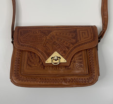 Vintage Handmade brown Mayan embossed leather shoulder purse C10 - £56.26 GBP