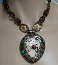 Tribal Style Pendant Necklace Hand Hammered Metal Animal Design Coral Turquoise - £20.77 GBP