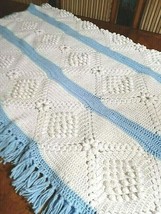 Vintage Handmade Crochet Afghan Throw Blanket Blue White Diamond Pearl 60&quot;X 60&quot; - £43.97 GBP