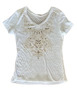 Miss Me  Women’s Large Cream Tan Shirt Faux Embroidered Embellished Top EUC - $23.76