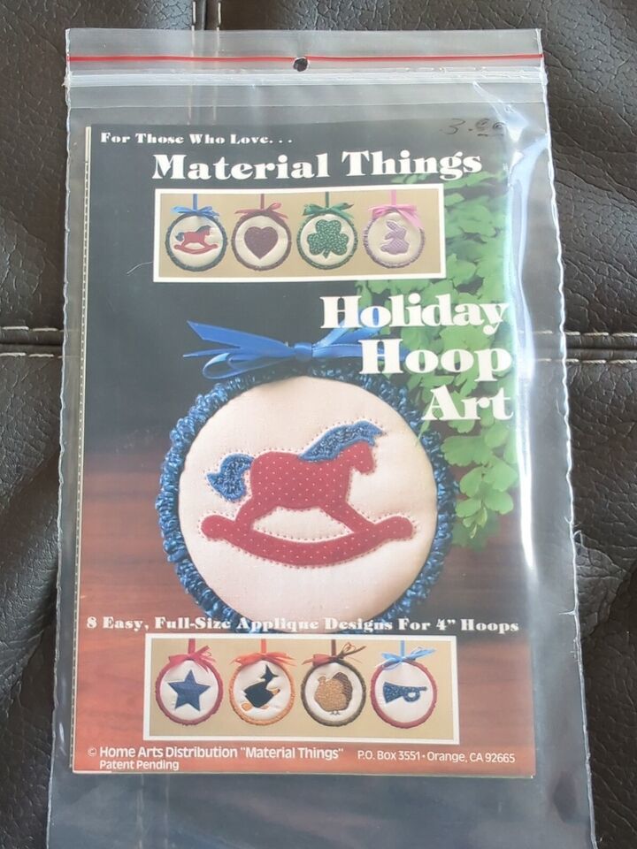 Primary image for 1981 Material Things Hoop Art 8 Applique Ornaments 4" Hoops New FF Christmas