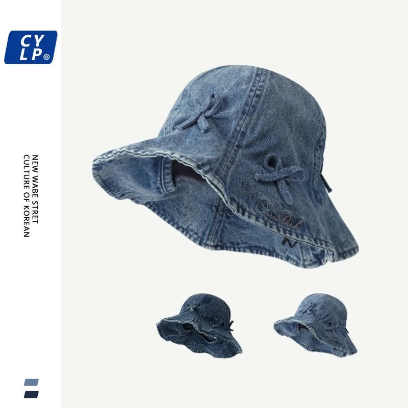 High Quality Sweet and Cute Bow Denim Bucket Hats Women Spring and Summer Korean - £20.00 GBP