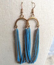 Copper Blue Metal Chain Loop Multi Strand Drop Dangle Earrings Wire Hooks Long - £11.60 GBP