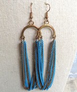 Copper Blue Metal Chain Loop Multi Strand Drop Dangle Earrings Wire Hook... - £11.67 GBP
