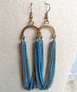 Copper Blue Metal Chain Loop Multi Strand Drop Dangle Earrings Wire Hook... - £11.15 GBP