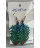 Feather Earrings Metallic Blue Green Red Machine Embroidered French Wire... - £91.14 GBP