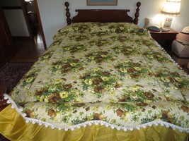 UNUSED MCM Quilted FLORAL FULL BEDSPREAD w/Gathered Sides &amp; Pompoms - 92... - £55.02 GBP