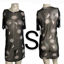 Black Sun &amp; Moon Print Design Mesh Over Sized Short Sleeve Mini Dress~Size S - £20.71 GBP