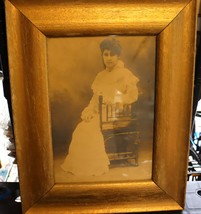 Vintage photo in a wood frame with glass  painted gold. Print of lady in a chair - £30.46 GBP