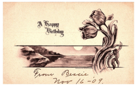 A Happy Birthday 1909 SIgned by Cobb Shinn birthday Postcard w Flowers Landscape - £45.84 GBP