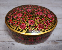Vintage Handpainted Floral Flower Lacquer Lidded Trinket Box Pink Gold 3.25&quot; - £10.09 GBP