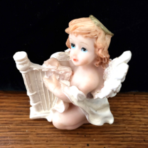 Angel Cherub Figurine Playing a Harp 2.75&quot; Tall Poly stone - £5.17 GBP