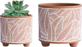 Set Of 2 Leaves Pattern Plants Pots With Drainage Hole,, Terracotta. - £30.42 GBP
