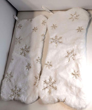 2 PSC Snowy White Plush Pet Dog Christmas Stocking Gold Snowflake Sequin - $10.31
