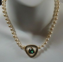 Vintage Swarovski Swan Logo Faux Pearl Necklace W/Green Crystal Enamel Pendant - £90.01 GBP