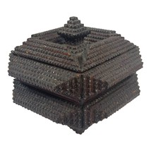 Antique c1900 Tramp Art Box w/ Pincushion Velvet Flip Top Chip Pyramid 6&quot; Sewing - £433.23 GBP