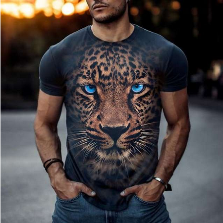 Summer Men&#39;s T-shirt Animal Graphic Tees leopard Big Cat Print 3d Black  - $9.99