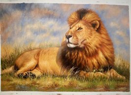 Lion Lying on the Grassland Handmade Oil Painting Unmounted Canvas 24x36 inches - £396.23 GBP