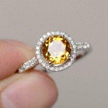 1.50ct Round Cut Yellow Citrine Diamond Halo Engagement Ring 14k White Gold Over - £80.17 GBP