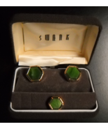 Swank Cuff Links and Tie Tack Hexagon Shape Green Face Gold Colored Surr... - $27.39 CAD