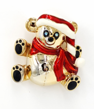 Anne Klein Brooch Christmas Teddy Bear With Baby Blue Rhinestone Eyes Enamel Hat - £16.52 GBP