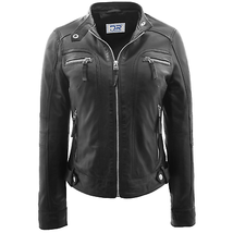 DR245 Women&#39;s Real Leather Biker Jacket Black - £107.28 GBP