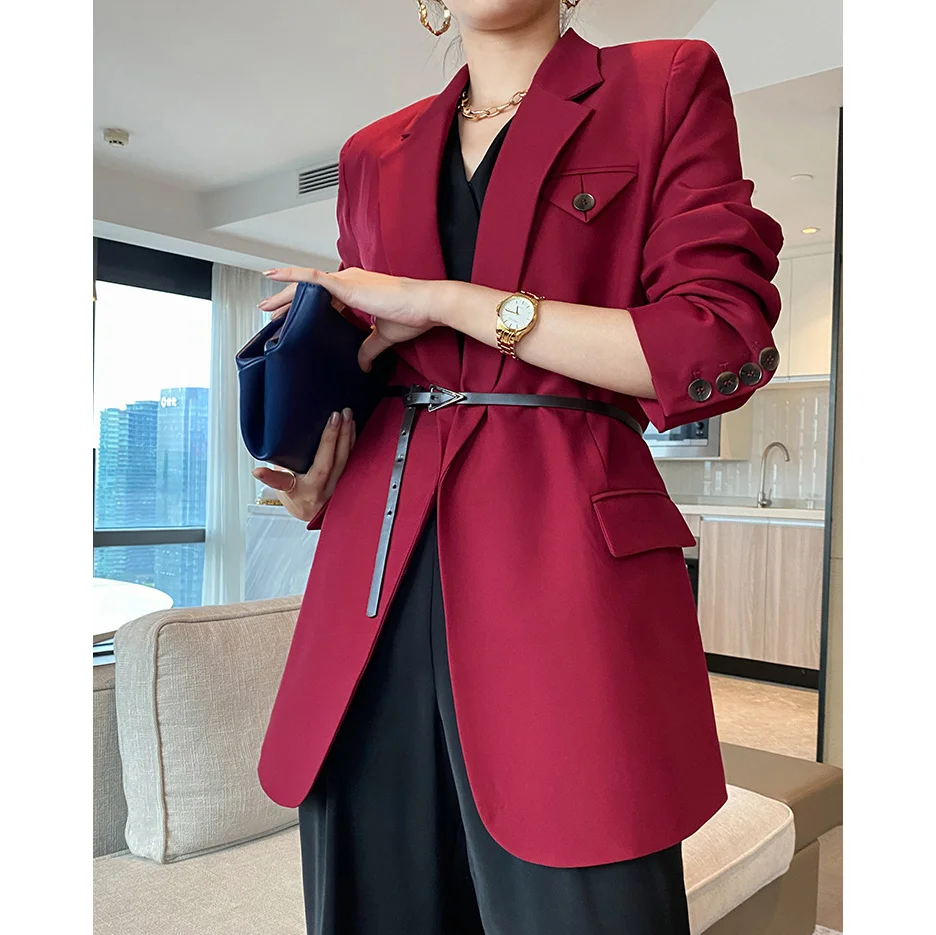 Jacket Wine Red Suit Women Korean Style Elegant Ladies Coat Blazer Office Wear F - £345.80 GBP