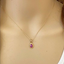 14K Solid Yellow Gold Mini Oval Pink Star Pendant Dainty Necklace Adjustable - £202.90 GBP