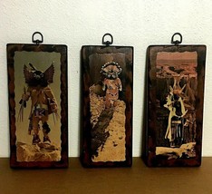 Vintage 3 wooden rustic plaques  prints decoupage  Native masks pictures - £22.15 GBP