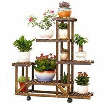 Plant Stand Shelf Planter Organizer Rack Garden Carbonized Wood W/ Wheel... - $64.59