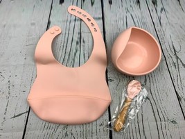 Baby Toddler Feeding Supplies Suction Bowl Spoon Bib Silicone 3 piece - £15.84 GBP