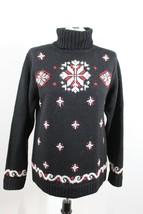 Vtg Eagle&#39;s Eye M Wool Mohair Fair Isle Snowflake Black Turtleneck Sweater - £35.77 GBP