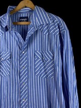 Vintage Wrangler Pearl Snap Shirt XL Mens Blue White Pinstripe Roper Rodeo - $55.85