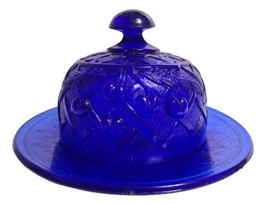 Vintage Cobalt Blue Glass Round Covered Butter / Cheese Dish Lattice &amp; Cherries - £18.99 GBP
