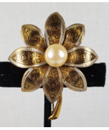 Vtg 1960s Damascene Signed Spain Gold Tone Black Enamel Faux Pearl Flower Brooch - $38.47