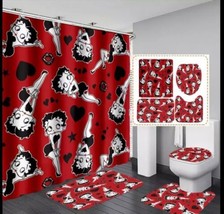 Betty Boop Red &amp; Black  Bathroom Shower Curtain Toilet Seat Cover &amp; Rugs Set - £48.93 GBP