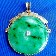 Earth mined Green Jadeite Jade Diamond Vintage Deco Pendant 14k Gold Medallion - $3,035.25