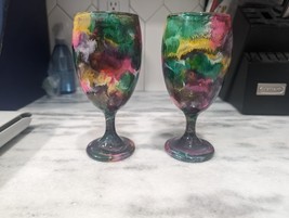 Handmade Tye Dye Glass Wine Goblets Set, Water Marbled Barware, 16 oz Glasses - £15.79 GBP