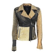 NEW Custom Made Women&#39;s PHILIPP PLEIN Multicolor Full Golden Studded Leather Jac - £233.62 GBP