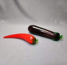 Murano Style Art Glass Fruit Vegetable Eggplant &amp; Chili Pepper MCM Kitchen Decor - £15.93 GBP