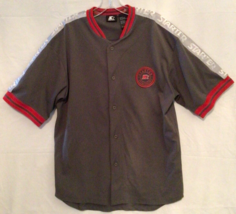 Starter Size Mens M Button Down Short Sleeve Shirt Jersey Gray Red Patch... - £11.37 GBP