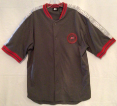 Starter Size Mens M Button Down Short Sleeve Shirt Jersey Gray Red Patch... - £10.86 GBP