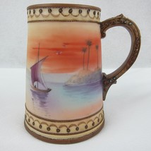 Nippon Moriage Stein Antique Hand Painted Tankard Mug Sailboat &amp; Palm Trees RARE - £160.63 GBP